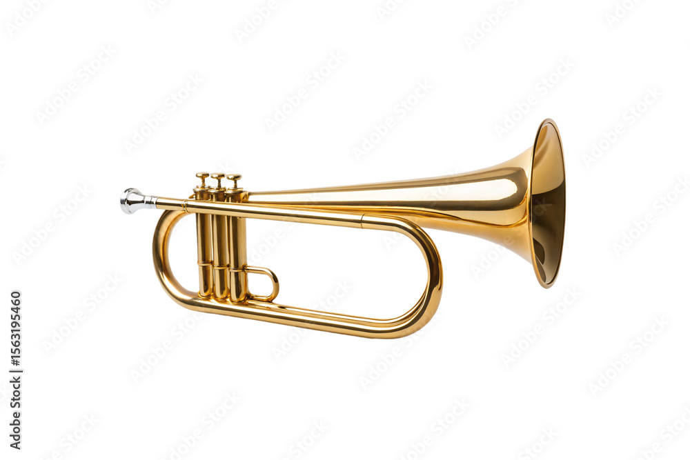 Fototapeta premium Polished brass trumpet with three valves and curved tubing in classic musical instrument design, isolated on a transparent background