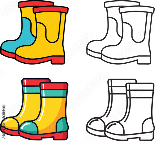 Colorful rain boots illustration with outline versions for coloring pages