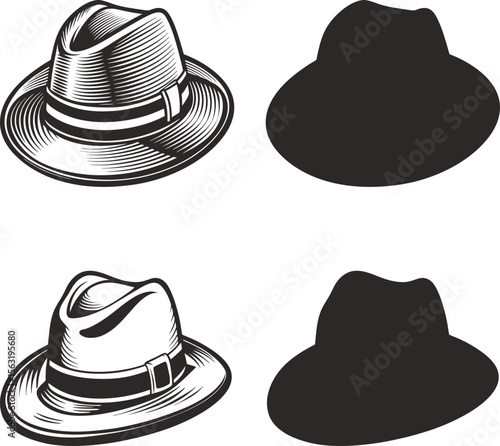 Two fedora hats detailed illustration with silhouettes