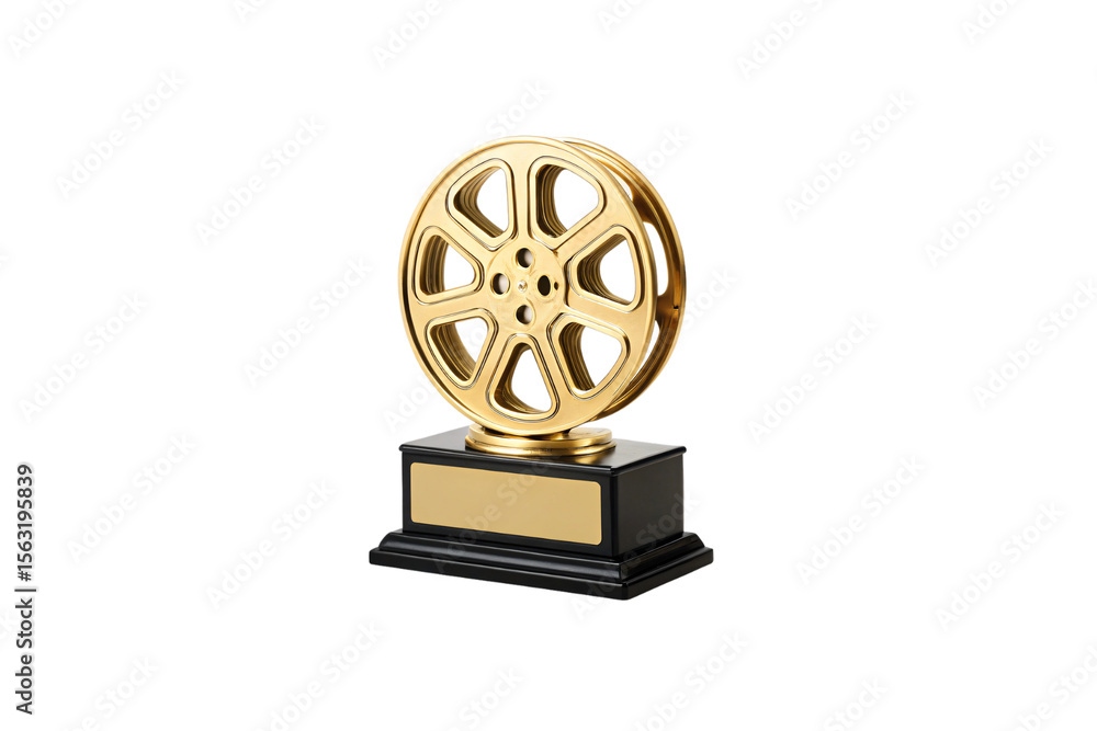 Obraz premium Golden movie reel award trophy with black pedestal base and engraving plate for recognition, isolated on a transparent background