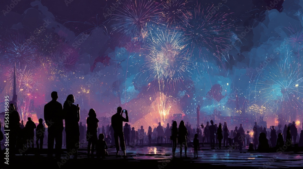 City fireworks. People celebrate on street and watching fireworks. Happy men women child, night pyrotechnic show in downtown, no logos, no brands City fireworks. People celebrate on street and watching fireworks. Happy men women child, night pyrotechnic show in downtown, no logos, no brands