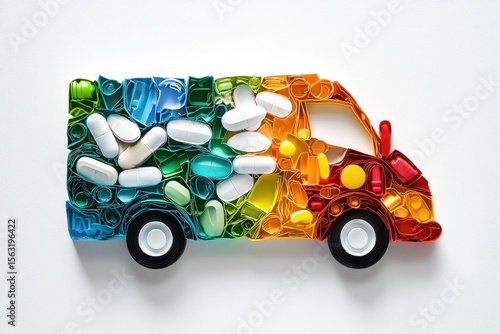 Creative use of colorful capsules to form a delivery truck design, showcasing the theme of medicine and health