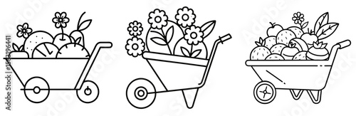 Wheelbarrow with Flowers Coloring Book Page - Outline Vector Line Art
