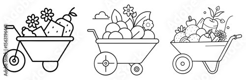 Wheelbarrow with Flowers Coloring Book Page - Outline Vector Line Art