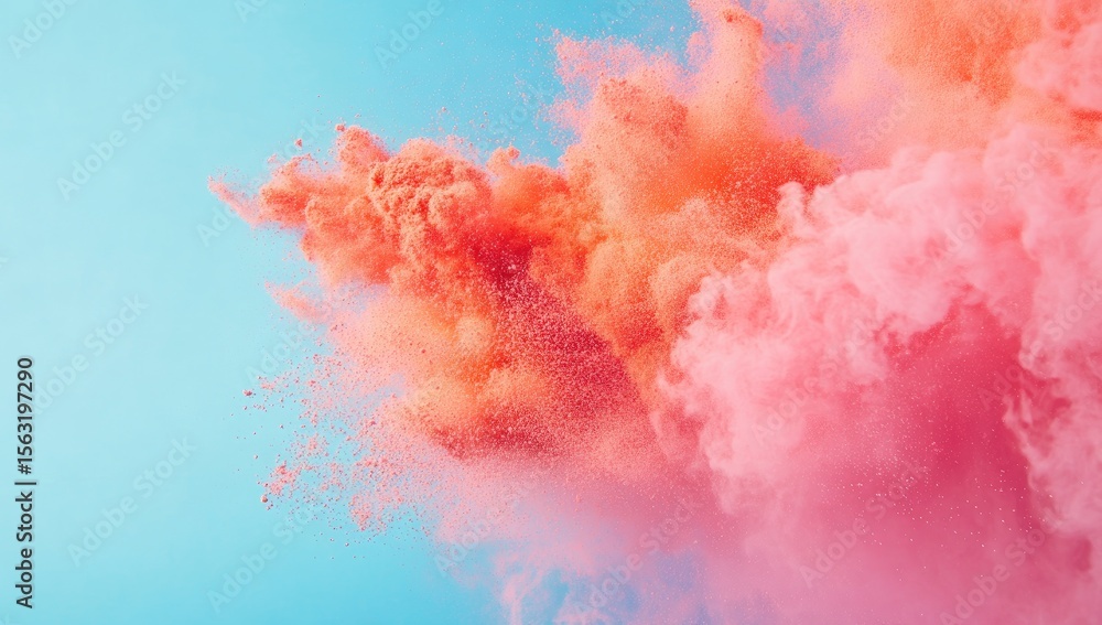 Fototapeta premium Exploding coral and rose powder against a pastel sky