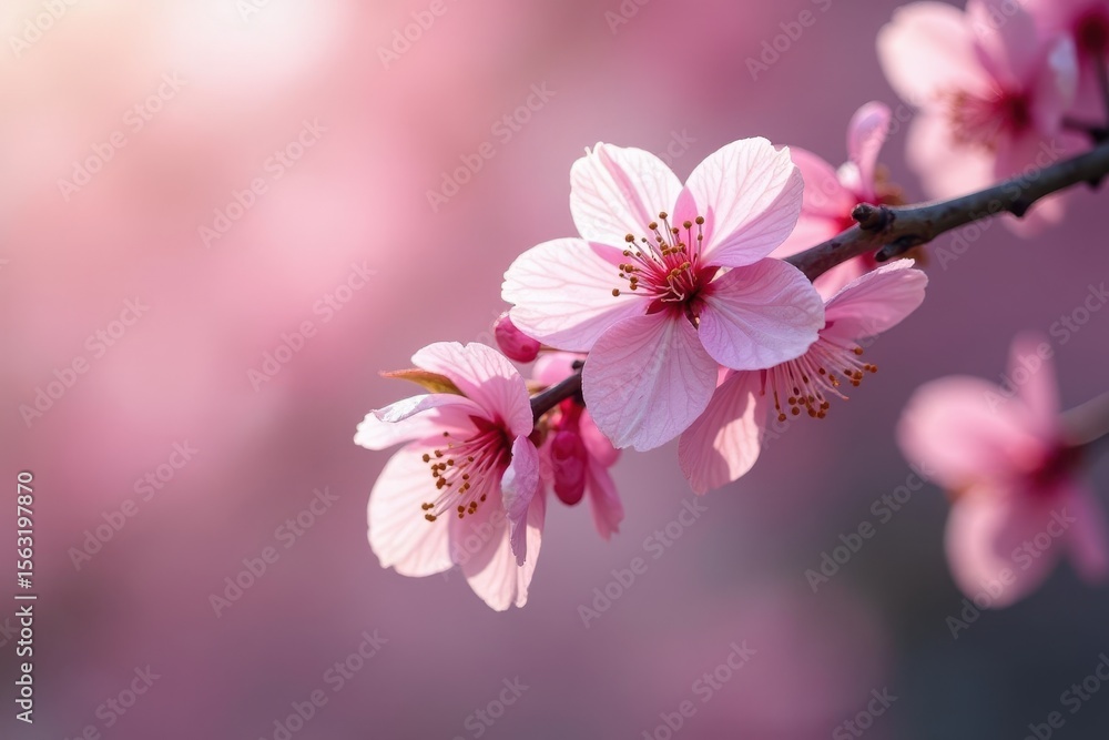Obraz premium Pink cherry blossoms cascading down a branch, delicate petals , delicate, sakura blossom