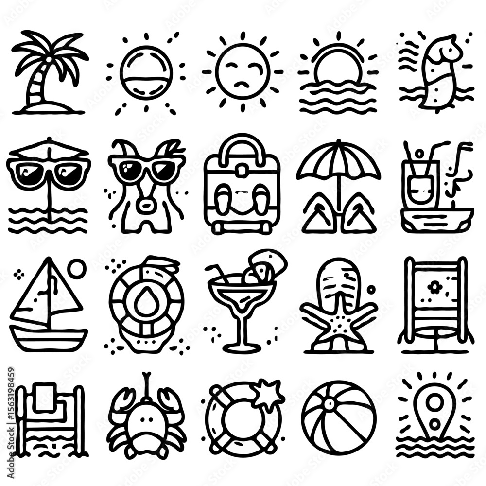 Naklejka premium line art icons themed around beach and summer vacation