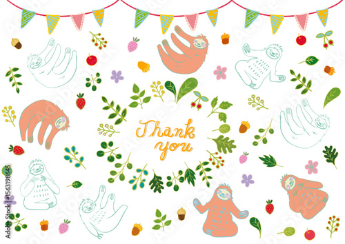 なまけものと葉っぱと果物のほのぼの素材セット（手書き文字入り）2 Sloth & Fruits & Leaves Flat Illustration Set with “Thank You” Text
