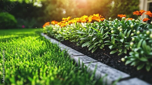 Lush green lawn with vibrant flowers and a stone border