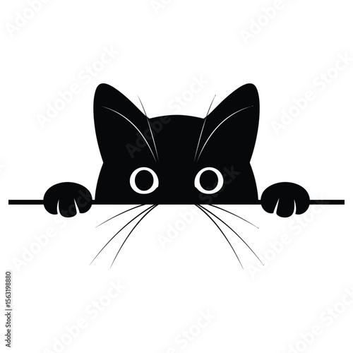 Curious black cat peeking over a horizontal line with playful and friendly attitude