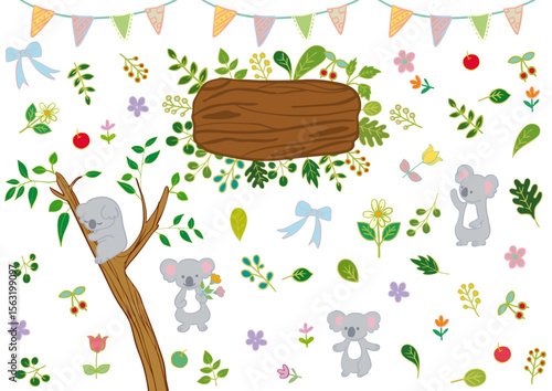 コアラと花と葉っぱと果物のフラット素材セット（文字なし）3 Koala & Fruits & Leaves Flat Illustration Set with “Thank You” Text
