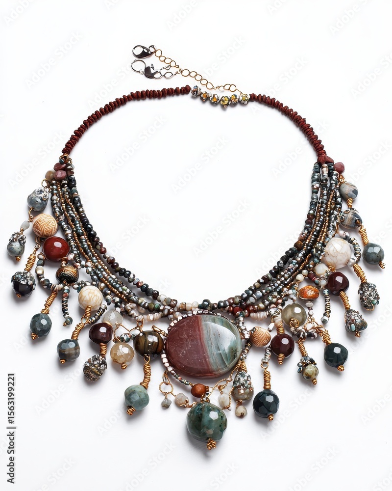 Obraz premium Handmade Beaded Necklace with Natural Stones on White Background