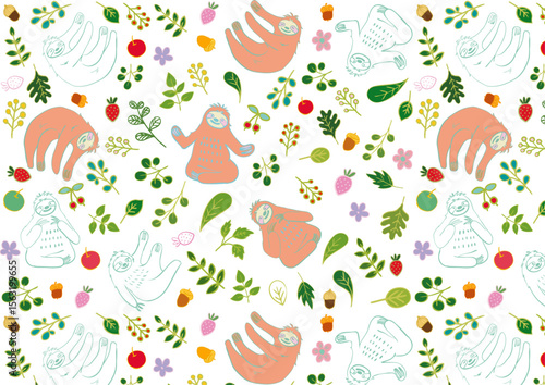 なまけものと葉っぱと果物のほのぼの素材パターン2 Seamless Pattern with Sloth and Fruits and Leaves Flat Design
