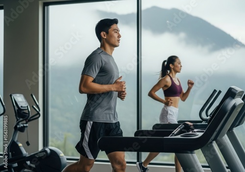 Asian couple exercising together on treadmills with a scenic mountain view