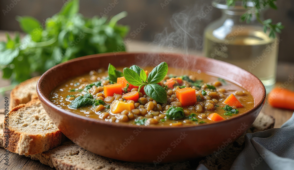 Hearty lentil soup steaming in a rustic bowl, perfect for a cozy meal. Hearty lentil soup steaming in a rustic bowl, perfect for a cozy meal.