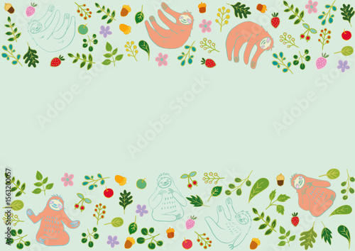 なまけものと葉っぱと果物のほのぼのフレーム1 Cute Sloth and Fruits and Leaves Frame Flat Illustration
