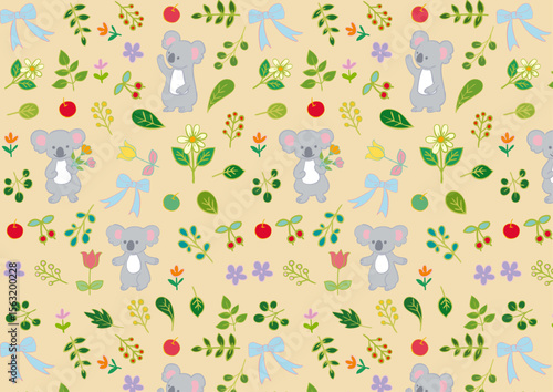 コアラと花と葉っぱと果物のフラットパターン1　Seamless Pattern with  Koala & Fruits & Leaves Flat Illustration