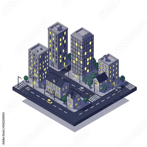 Nighttime isometric view of a city block, showcasing illuminated apartment buildings and houses along intersecting streets.