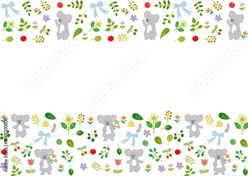 コアラと花と葉っぱと果物のフラットフレーム2 Koala & Fruits & Leaves Frame Flat Illustration