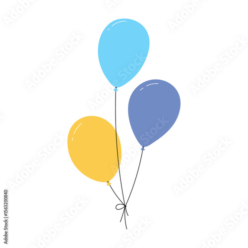 Bundle of balloons with strings, simple doodle outline, floating party decoration for birthday celebration. Flat vector illustration isolated on white background.