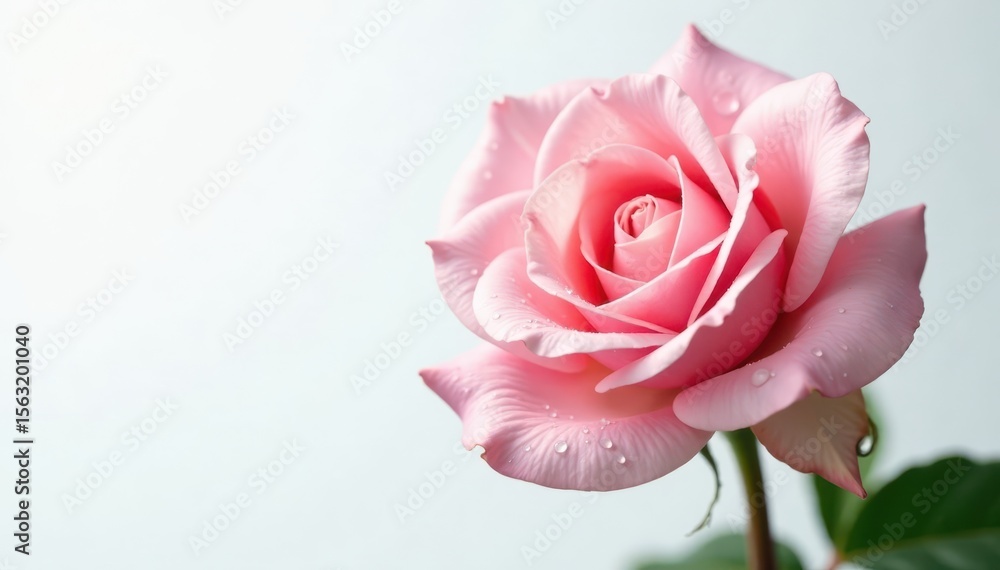 Fototapeta premium Delicate light pink rose with glistening water droplets, isolated on white , flower, background