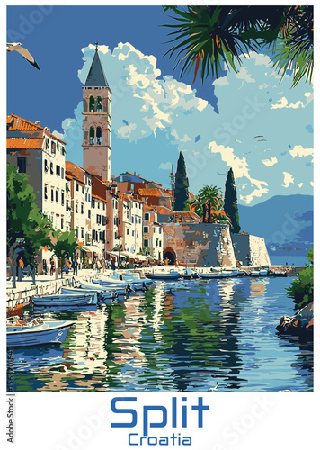 Split Croatia Vector Illustration. Cityscape with Bell Tower and Boats.