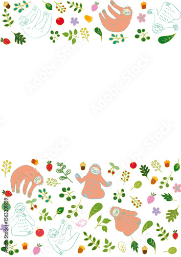 なまけものと葉っぱと果物のほのぼのフレーム 縦4 Cute Sloth and Fruits and Leaves Frame Flat Illustration