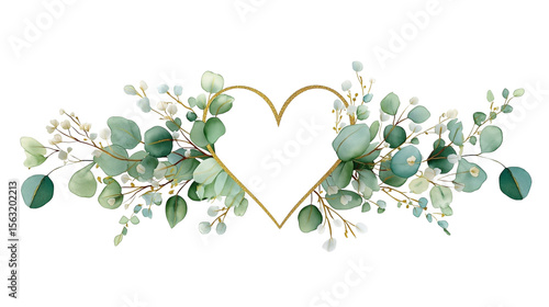 Heart-shaped leaf frame. Watercolor floral wreath made of green foliage and eucalyptus branches. PNG clipart on transparent background.