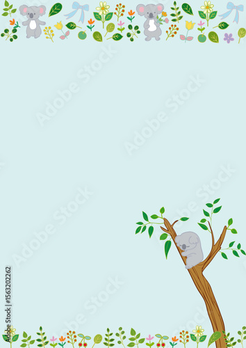 コアラと花と葉っぱと果物のフラットフレーム 縦5 Koala & Fruits & Leaves Frame Flat Illustration