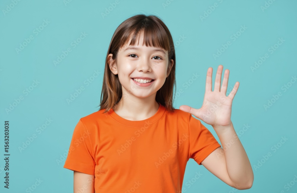 Cheerful small girl with straight hair in stylish orange t-shirt waves hand saying hello on teal color background. Back to school concept. Kid advertises goods. Cheerful small girl with straight hair in stylish orange t-shirt waves hand saying hello on teal color background. Back to school concept. Kid advertises goods.