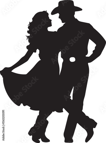 Cowboy and cowgirl dancing silhouette couple