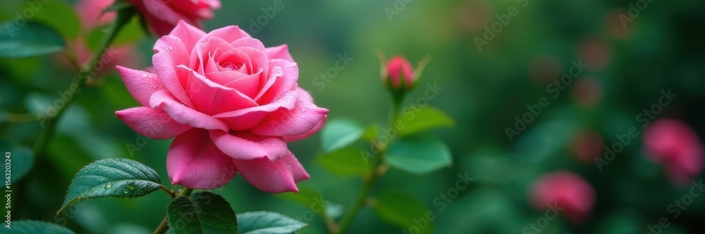 Fototapeta premium Pink rose petals, glistening raindrops, lush green foliage, delicate, stock photo