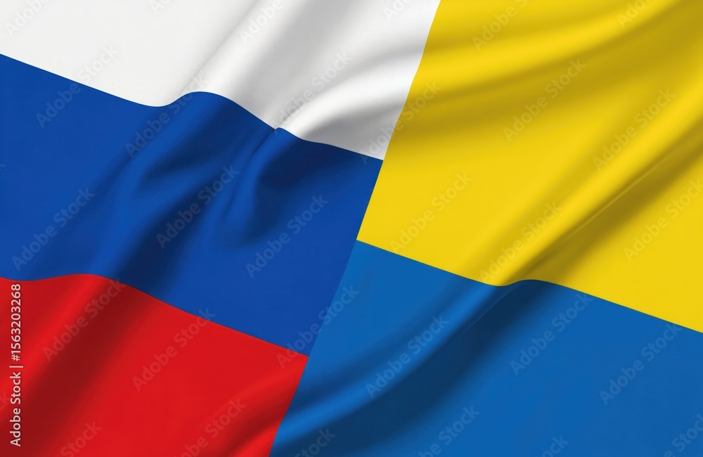 Flags of Russia, Ukraine wave side by side, creating visual metaphor for diplomacy, conflict, unity, division. National colors ripple in dynamic composition. Flags represent nations, cultures, Flags of Russia, Ukraine wave side by side, creating visual metaphor for diplomacy, conflict, unity, division. National colors ripple in dynamic composition. Flags represent nations, cultures,
