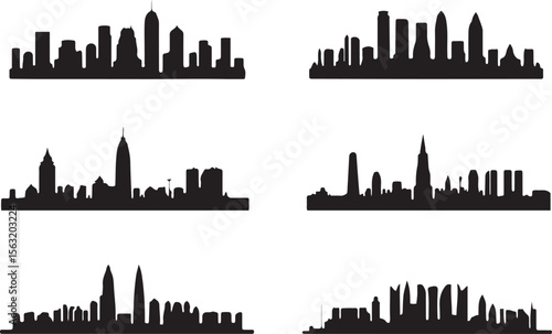 Diverse city skylines silhouette collection urban architecture