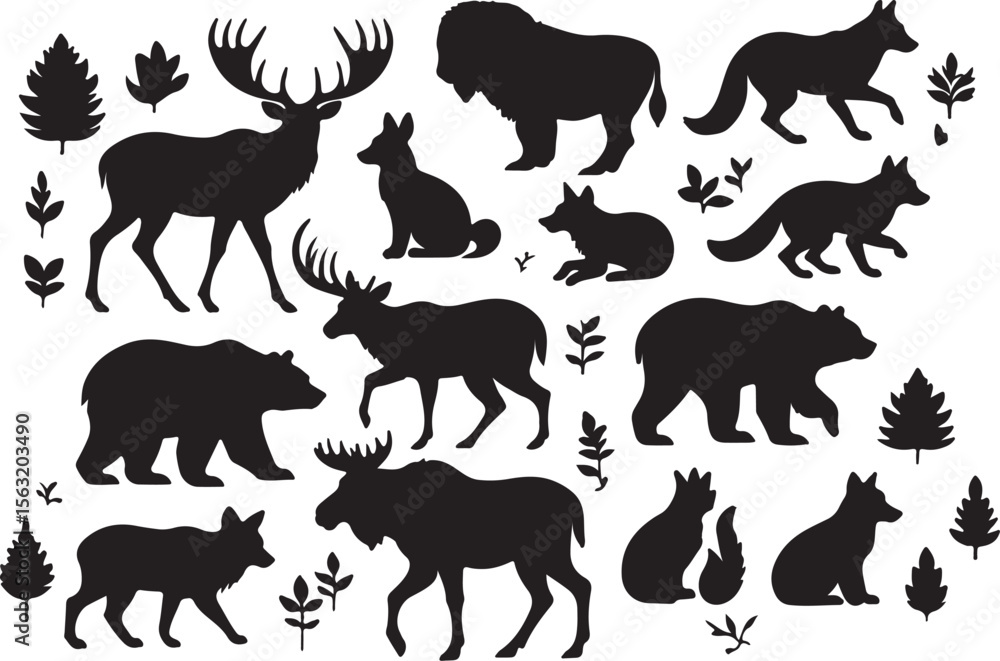 Forest animals and foliage silhouettes moose deer Forest animals and foliage silhouettes moose deer