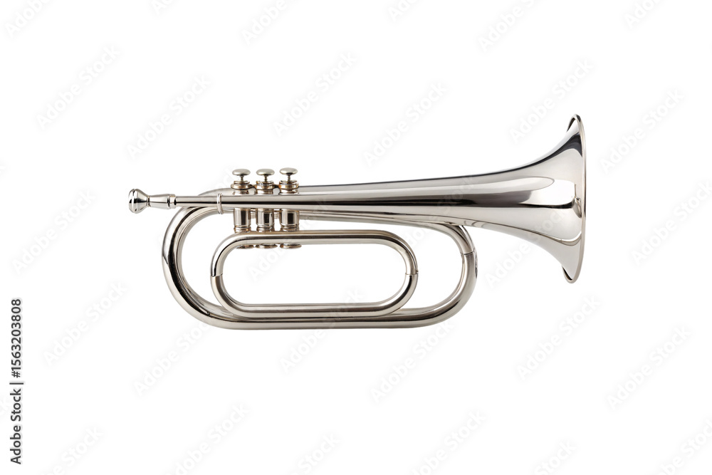 Fototapeta premium Silver brass bugle with three valves and curved brass tubing in classic military band style, isolated on a transparent background