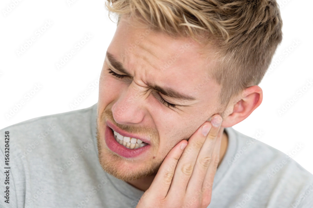 Obraz premium Blonde male with toothache gripping his face in agony showing intense oral pain symptoms, isolated on a transparent background