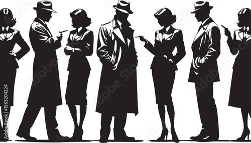 Silhouetted figures in formal attire silhouettes people