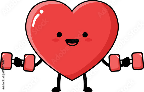 Happy red heart character holding dumbbells. Concept of cardiovascular health and fitness, medical awareness.