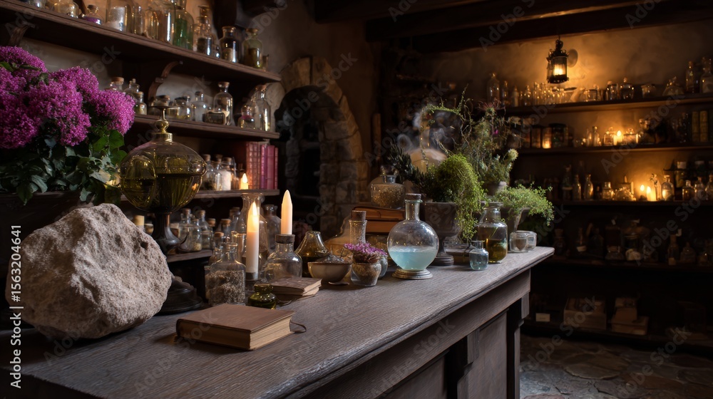 Fototapeta premium Cozy apothecary shop with rustic decor and herbal elements