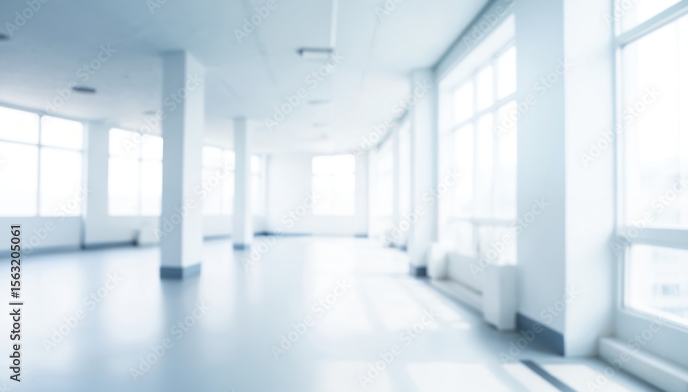 White blur abstract background of empty building hallway. Large windows provide bright soft lighting. Modern interior design, clean cold colors. Clinic, hospital, office or living space concept. White blur abstract background of empty building hallway. Large windows provide bright soft lighting. Modern interior design, clean cold colors. Clinic, hospital, office or living space concept.