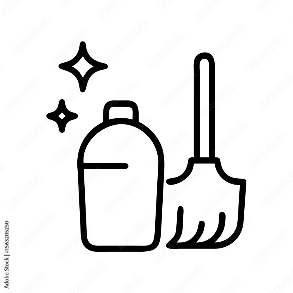Obraz premium Cleaning supplies with a bottle and broom in modern style 