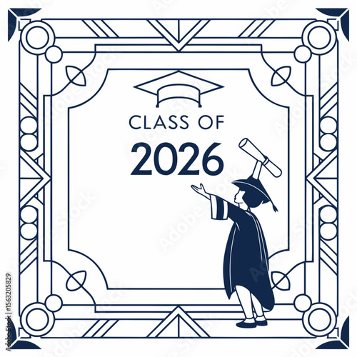 Art deco graduation frame with diploma and student