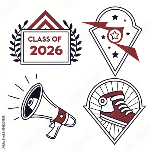 Graduation emblems with laurel wreath megaphone and sneaker