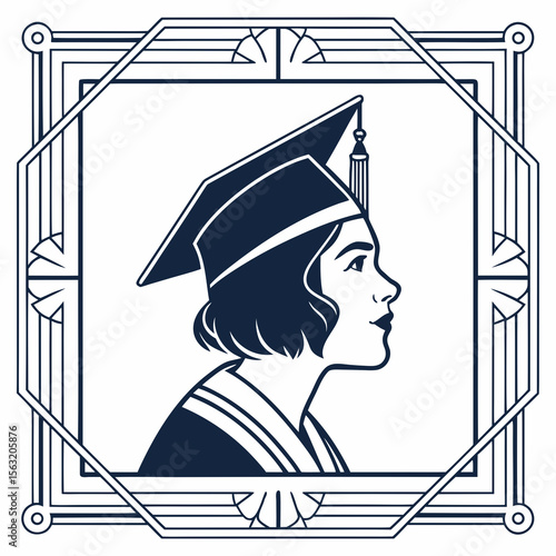 Graduate profile in art deco frame with diploma vector