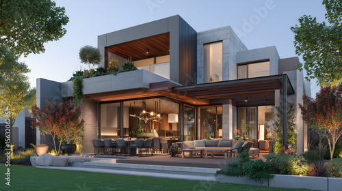 Wallpaper Mural View of luxurious modern house exterior with dining space and garden  Torontodigital.ca