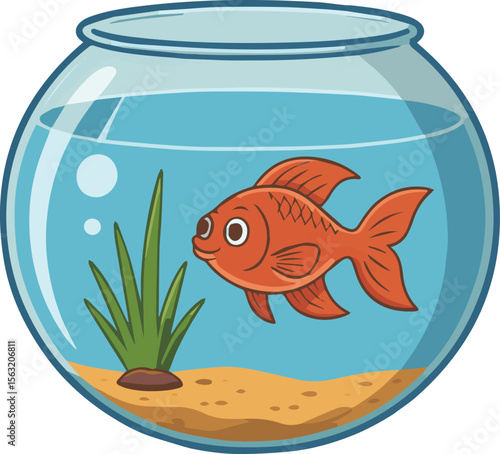 Goldfish in bowl aquarium pet fish tank aquatic animal cartoon drawing illustration