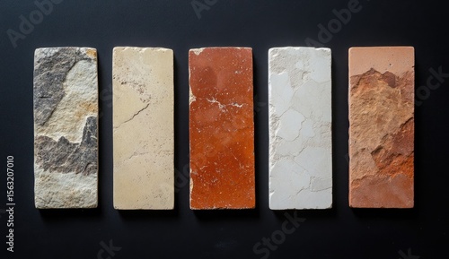 Five rectangular stone tiles, varying in earthy tones, arranged horizontally on a dark surface