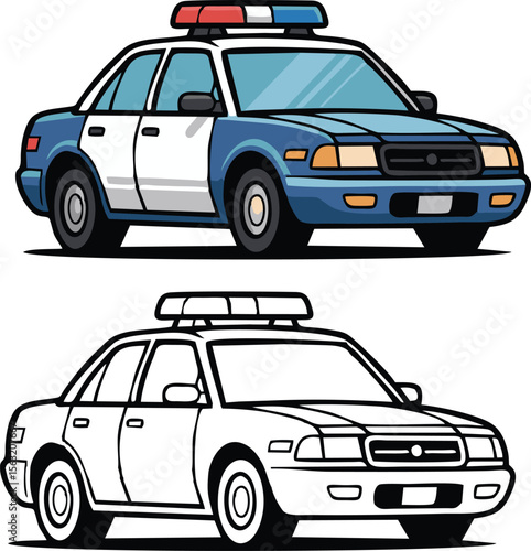 A cartoon illustration showing a police car in color and a line art version of the same car design