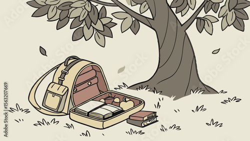 Illustration of a backpack and lunchbox under a tree with falling leaves in a serene outdoor setting